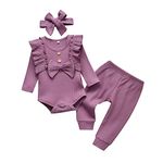 Newborn Baby Girl Outfits Clothes Set Infant Long Sleeve Romper and Pant Bow Headband 3pcs Purple 0-3 Months