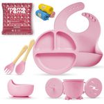 Mamarama 11 Piece Silicone Baby Feeding Set, Complete Mealtime Essentials, Includes Suction Bowl, Plate, Cup with Straw & Snack Lid, Fork, Spoon, Bib, and 3 Napkins for Babies and Toddlers (Apricot)