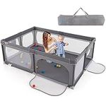 COSTWAY Baby Playpen for Babies and Toddlers, 206 x 147cm Safety Play Yard with Storage Bag, Zipper Door, Breathable Mesh, Indoor Infants Activity Center Including 50 Ocean Balls (Grey)