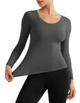 QOMEWA Plus Size Women's Crew Neck Underwear Shirts, Gray Long Sleeve Thin Thermal Shirts Light Stretch Base Layer Tops