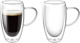 Quable Double Walled Coffee Glasses 450ml, 15oz Clear Glass Coffee Mugs with Handles, Set of 2 Insulated Coffee Glass Espresso Cups, Stackable Cappuccino Glassware Cups, Coffee Mug Set