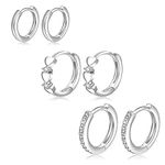 PABBEU 3 Pairs Small Silver Hoop Earrings for Women S925 Sterling Silver Huggie Hoop Earrings Tiny Cartilage little Mini Silver Small Hoop Earrings for Women Girls Jewelry 8mm 10mm 12mm