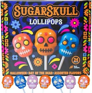NLS Candy Co. Halloween Sugar Skull Lollipops Candy, Dia De Los Muertos, Strawberry, Orange, and Blue Raspberry Suckers, Box of 24