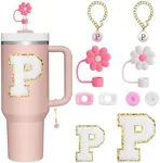 BABORUI 10Pcs Cup Accessories for Stanley Cup 40oz&30oz, Personalized Decoration with Straw Cover Cap, Spill Stopper, Embroidered Letter Sticker and Letter Charms, Initial Name ID for Stanley (P)