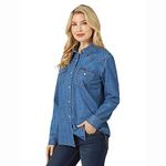 Wrangler Women's Retro Long Sleeve Western Snap Shirt, Mid Denim, M