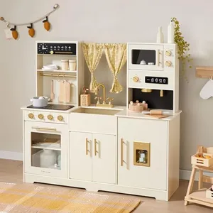 Tiny Land Play Kitchen for Kids, Toy Kitchen Set with Plenty of Play Features, New Modern Kids Wooden Play Kitchen Designed in Trendy Home Style with Curtains, Gift for Ages 3+