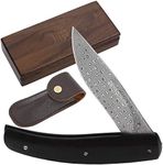 YOUSUNLONG Folding Pocket Knives - Overall 186mm - Japanese Damascus Steel Blade - Natural Leadwood Handle with Leather sheath and natural walnut wooden Knife Box