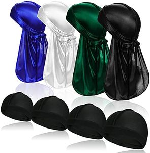 ASKNOTO 4 Pcs Silky Men Durag Headwraps with Long Tail and 4 Pcs Silk Wave Cap Perfect for 360 Waves