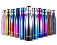 willceal Stainless Steel Double Wall Vacuum Insulated Water Bottles 500ml, Leak Proof Keep Cold and Hot Drinks Bottle for Outdoor Sports Camping (Black+Silver)