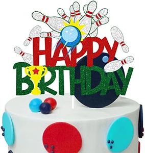 Bowling Happy Birthday Cake Topper - Sport Themed Glitter Cake Topper For Boys Kids - Bowling Alley Birthday Party Decorations Supplies