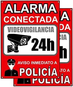 Cartel videovigilancia - Placa alarma conectada - Carteles zona videovigilada - Aviso a la Policía 20x15 cm Rojo Interior/Exterior (2 Piezas cartel videovigilancia)