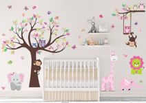 DEKOSH Kids Pink Jungle Theme Peel & Stick Girl Nursery Wall Decal, Colorful Owl Giraffe Lion Tree Decorative Sticker for Baby Bedroom, Playroom Mural