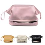 Travel Makeup Bag,Large Double Layer Cosmetic Bag,Waterproof Leather Make up Bag, Portable Toiletry Bag for Women and Girls,Cosmetic Bag Travel Organizer Storage with Zipper for Travelling (Pink)