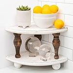 Corner Counter Wood Shelf | Stackable Countertop Bathroom Organizer | Farmhouse White Wash Tray Riser Wooden Shelves 2-Pack | Rustic Decorative Pedestal Stand | Triangular Storage Pedestal