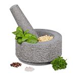 Relaxdays Mortar with Pestle, Spices, Herbs, Polished Stone Mortar, Ø 14 cm, Granite, Grey