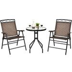 DORTALA 3-Piece Outdoor Indoor Bistro Conversation Set, Patio Pub Dining Set with 2 Folding Chairs & Round Tempered Glass Table, Umbrella Cutout, Outdoor Dining Furniture Set for Garden Pool Backyard