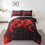 Manfei Kids Games Comforter Set Queen Size, Red Gaming Bedding Set for Boys Girls Teens Bedroom Decor, Black Video Gamer Controller Down Comforter, Reversible Gamepad Quilt Set, 2 Pillowcases