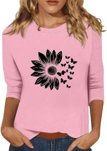 3/4 Sleeve Summer Tops for Women 2025 Cute Sunflower Dandelion Prints 3/4 Length Sleeves Tops for Women Crewneck Plus Size Summer Elbow Length Sleeve Blouse Three-Quarter-Sleeve Top Woman