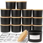 CONNOO 15 Pack 4 OZ Matte Black Glass Candle Jars with Airtight Bamboo Lids for Making Candles, Bulk Small Wide Mouth Empty Candle Containers with Sticky Warning Labels - Dishwasher Safe
