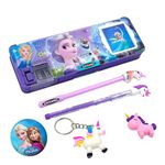 ZAYDANIC Frozen Pencil Box Integrated Sharpener and Calculator, Magnetic Lock, Dual Compartments, Cartoon Stationery Case School Kit for Girls, Kids, Students Combo Set of 5in1