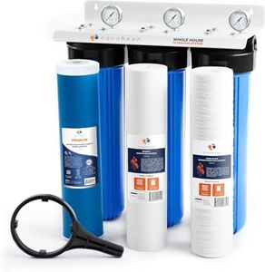 Aquaboon 3-Stage Whole House Water Filter System with Chlorine & Sediment Reducing 20x4.5 Water Filter Cartridges, Gauge & Release, Wrench, Bracket