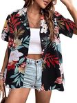 Hawaiian Shirts for Women Soft Cool Summer Hawaiian Shirt Floral Tropic Print Tees V Neck Button Up Short Sleeve Top, Black, Small