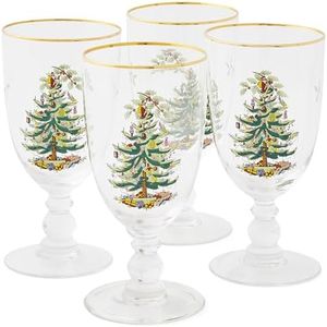 Spode Christmas Tree Gold 16 oz Pedestal Goblets (Set of 4) - Gold Rimmed Glasses, Festive Holiday Drinkware for Christmas Dinner, Wedding Gifts - Holiday Glassware for Wine, Cocktails, Martinis