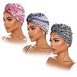 AWAYTR 3pcs Turbans for Women Pre-Tied Head Wraps Knot Beanie Cap Soft Cancer Headwear Hat Breathable African Headwrap (Pink/Blue/Black)