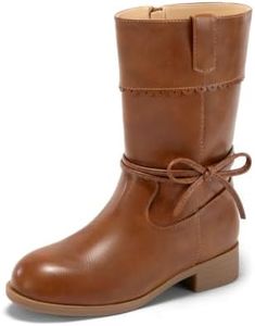 Coutgo Girls Mid Calf Boots Cute Round Toe Bow Side Zipper Riding Boots