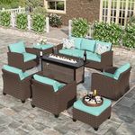 HERA'S HOUSE Swivel Glider Patio Furniture Sets, 56" Fire Pit Table with Ottomans, 8 Pieces Outdoor Sectional Conversation Set, 4" Waterproof Cushions for Lawn Deck Backyard, Blue