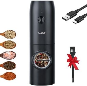Dallfoll Molinillo Pimienta, Molinillo Eléctrico de Sal y Pimienta, Interruptor de Gravedad Automático, Función de Grosor Ajustable, Pimentero Electrico Recargable con luz LED y Cepillo Pequeño