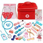 Monty Maestro - Wooden Doctor Set for Kids | Pretend Play Toy for Kids Doctor Set | Wooden Doctor Set with Doll & Working Stethoscope | Red Bag Dental kit as Pretend Play Toy for Kids