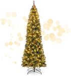 HAPPYGRILL 8FT Artificial Pre-lit Christmas Tree, Hinged Pencil Xmas Tree w/1168 Branch Tips, 420 LED Lights, Red Berries, Seasonal Decoration Tree for Office Home Party