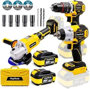 MoJoTools Brushless Cordless Power Tool Combo Kit for Heavy DIY & Semi-Professional Use – 50Nm Drill Driver, 380Nm Impact Wrench, 5" Angle Grinder LCD, 2×3000mAh Batteries, Carry Case &&Accessories