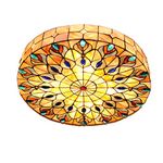 Vintage Tiffany Ceiling Light Hand-Made Colorful Chandelier Flush Mount Lighting Fixture, Lampshade with Mother of Pearl Decor (20 Inch)