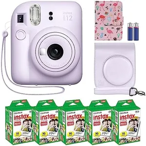 Fujifilm Instax Mini 12 Instant Camera + MiniMate Accessory Bundle & Compatible Custom Case + Fuji Instax Film Value Pack (50 Sheets) Flamingo Designer Photo Album (Lilac Purple)