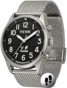 NYSW Men’s Atomic Time Sync Analog Pedometer Watch, Walking Step Counter, Calories & Miles, American Voice Announces Time/Date & Steps, No Bluetooth No EMF, Large Display, Stainless Steel Band SL-BK