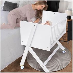 Flwrgirl Wood Bedside Bassinet,15° Rocking Baby Bassinet Bedside Sleeper,Mini Crib for Newborn,Baby Crib with Side Rail Opens & Stores Under Sleep Board,360° Swivel Wheels,Soft Mattress