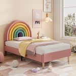 3ft Single Bed Frame Upholstered Platform Bed with Height-adjustable Rainbow Headboard, Girls Bed Youth Bed Guest Bed for Adults&Teenagers, Metal-Wood Support, Velvet, No Mattress, Pink, 90x190 cm