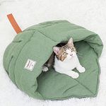 TANGN Cat Sleeping Bag, Linen Fabric Bed Cave Leaf Nest Pet Cuddle Zone Covered Hide Hood Burrowing Cozy Soft Durable Washable with Non-Slip Bottom for Indoor Puppy and Kitten (Green), PD50082