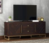 MetalTree Elegant Solid Sheesham Wood TV Unit with Golden Finish Metal Accents: 2 Drawers, 4 Shelves, and 2-Door Storage, Accommodates up to 60-Inch TV - Perfect for Living Room (Jett, Walnut Finish)