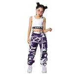 LOLANTA 2pcs Girls Hip Hop Street Dance Solo Clothes Set Crop Tank Top+Camouflage Jogger Pants, Purple, 11-12 Years