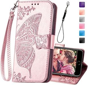 Wallet Case for iPhone SE 2020/SE 2022/iPhone 8/iPhone 7,Women Butterfly Embossed PU Leather Kickstand Credit Card Holder Slots Wrist Strap Flip Cover for iPhone 7/8/SE 2nd 3rd Gen (Rose Gold)