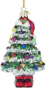 Kurt Adler Noble Gems Christmas Tree with Santa Hat and Boots Glass Hanging Ornament, 5.25 inches Height