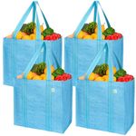 VENO 4 Pack Reusable Grocery Shopping Bag w/Hard Bottom and Handle, Heavy Duty Tote Bag for Life w/Front Pocket, Beach Bag,Trolley Shopper Bag, Multi-Purpose Water-Resistant(Cyan, 4 Pack)