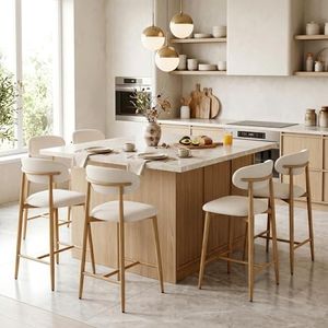 MOLENE Metal Bar Stools Set of 6, 26″ Counter Height Bar Stools with Backs, Mid Century Modern Upholstered Barstools for Kitchen Island, Dining Room, Beige