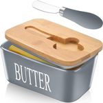 Ceramic Butter Dish with Lid and Knife Porcelain Butter Container with Butter Cutter Butter Knife Easy Spread Kitchen Accessories Tableware (Grey)