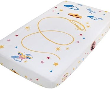 Warner Brothers Wonder Woman White and Gold Star-Tiara, Lasso of Truth, and The Invisible Jet Photo Op Nursery Fitted Crib Sheet