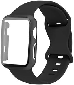 3-IN-1 Silicone Band and Case & Screen Protector Compatible with Apple Watch Band 38mm 40mm 41mm 42mm 44mm 45mm, Protective Cover with Tempered Glass iWatch Series 9 8 SE 7 6 5 4 3 (42mm, Black)