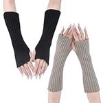 ZOCONE 2 Pairs Knitted Arm Warmers Long Arm Warmers Fingerless Winter Wrist Warmers Knit Arm Wrist Warmers with Thumb Hole for Women Girls (Black, Gray)